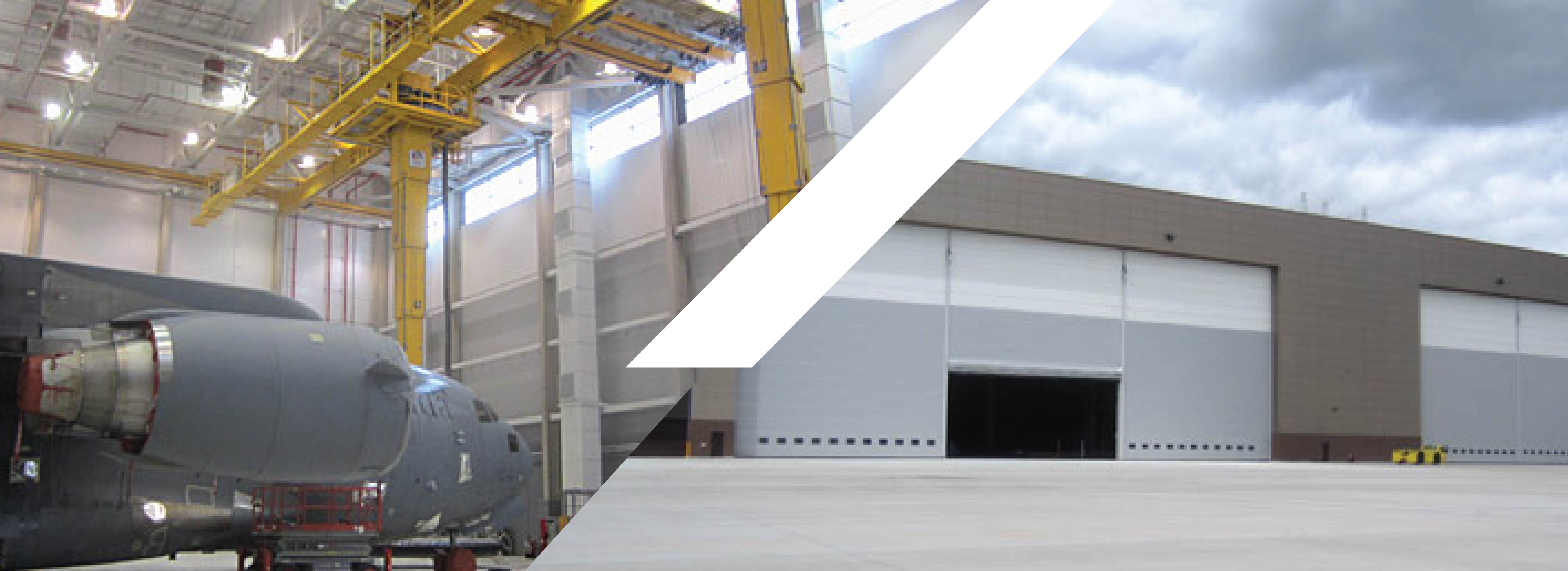 Plane hanger with large plane and exterior image of hanger with three large doors
